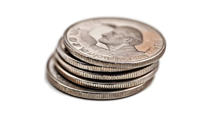 A stack of silver coins with a man on the front. The coins are piled on top of each other