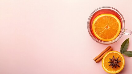 A cup of herbal tea features vibrant orange slices and aromatic spices arranged beautifully on a soft pastel surface