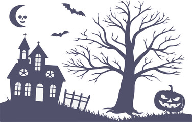 Spooky Halloween Scene with Haunted House, Witch, Bats, and Full Moon
