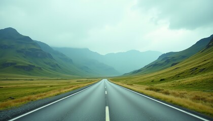 Fototapeta premium Serene road through misty mountain valleys.