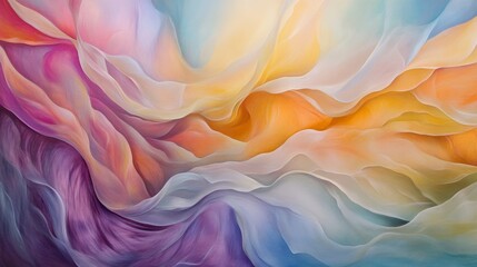 Abstract wave patterns in bold colors flowing across the frame, with a soft gradient background and dynamic lines creating motion
