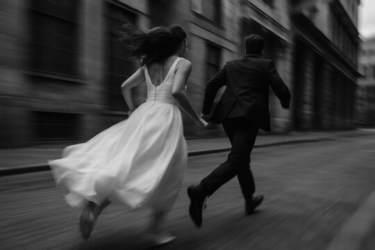 Romantic couple running joyfully.