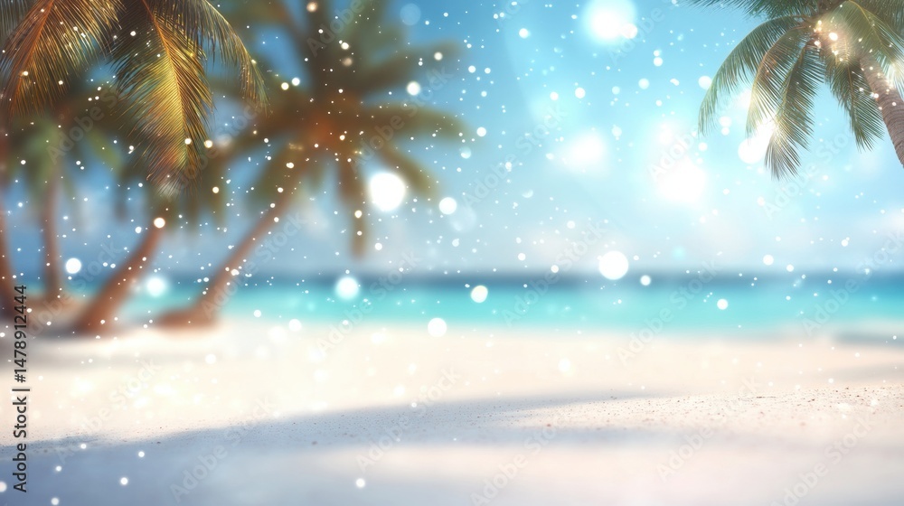 Poster sunlight glimmers on the sand and water while palm trees sway gently in the breeze, creating a tranq