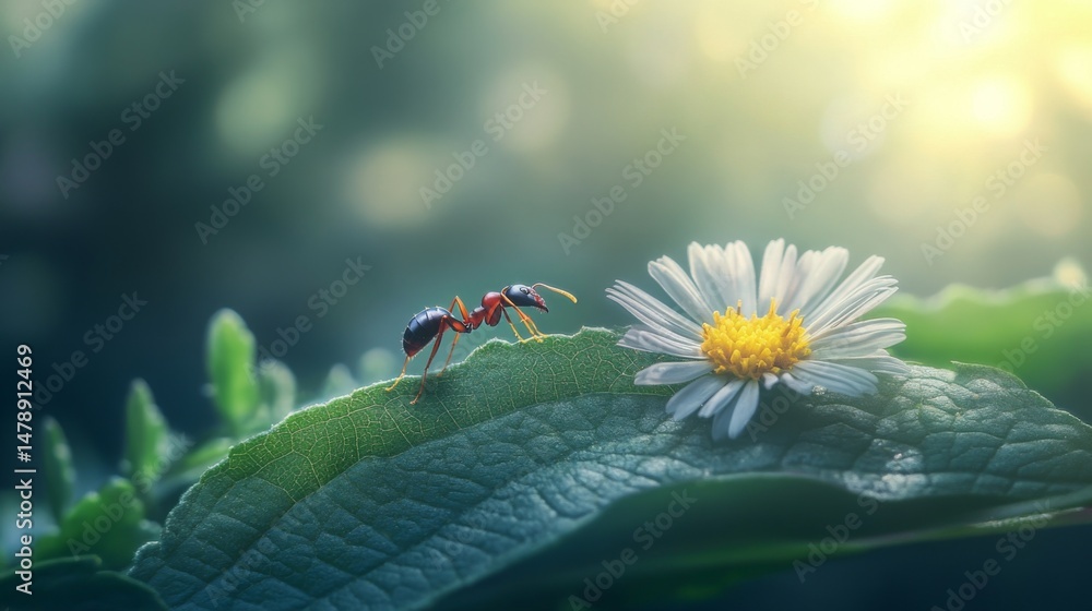 Poster ants interacting with a delicate flower on a leaf, highlighting the symbiotic relationship between i