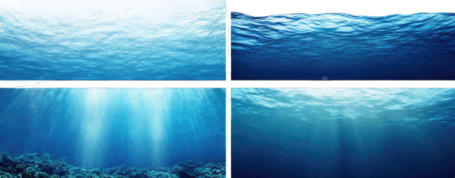 Underwater Background With Four Different Views The Top Two Are Of A Deep Blue Ocean Surface One Showing Ripples And The Other Smooth The Bottom Two Feature Sun Rays Shining Through The Water One With