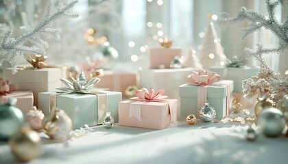 Festive gift boxes arranged in a soft, pastel color scheme.
