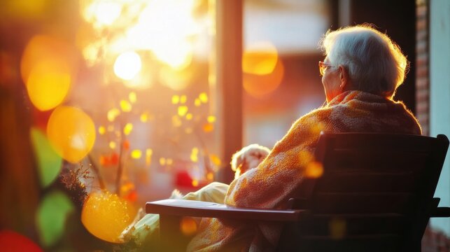 Back view of elderly woman with short white hair wearing glasses, sitting outside on a wooden chair and relaxing in golden sunlight during summer