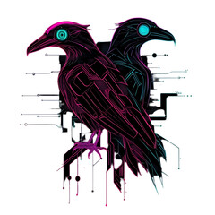 Fototapeta premium Infiltration of neon-glowing cyber ravens corporate environments digital art futuristic tech-inspired concept