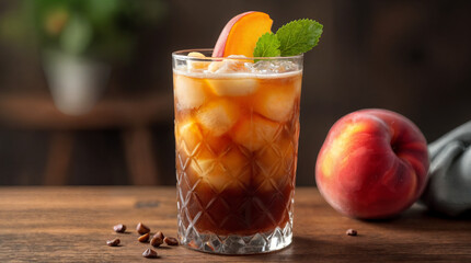 Fototapeta premium A glass of iced americano black coffee and layer of peach juice decorated
