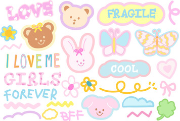 Cute vector illustrations of bunny, puppy, teddy bear, butterfly, flowers, clover leaf, ribbon, heart for animal decoration, cartoon characters, cute patch, brooch, zoo, pet shop, vet, stickers, icons