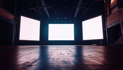 Empty indoor venue with large blank screens