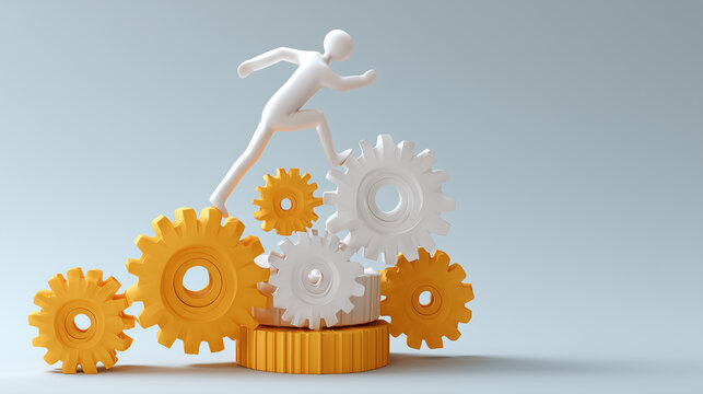 White figure runs on colorful gears representing progress, innovation, teamwork, and business development concepts in a minimalist design setting