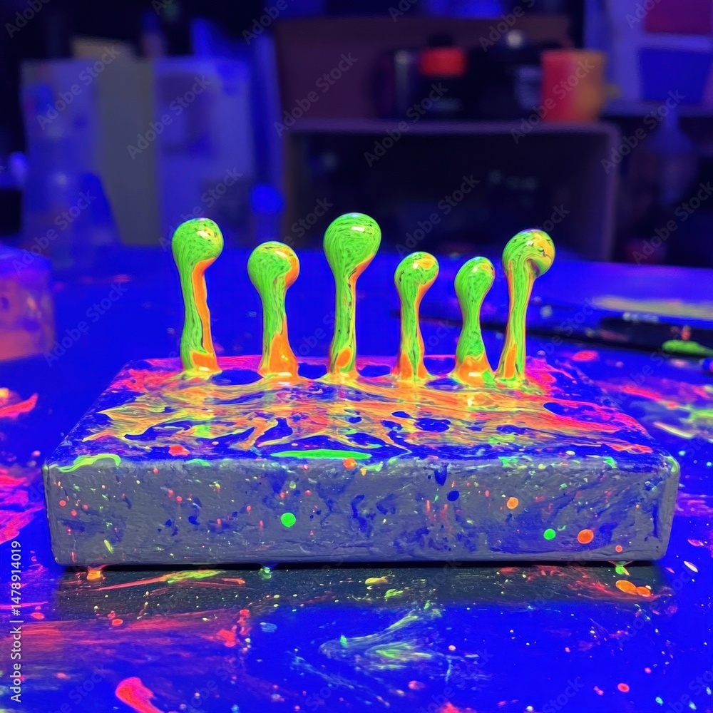 Poster close-up of neon paint art with dripping effect on dark surface in studio for creative expression an