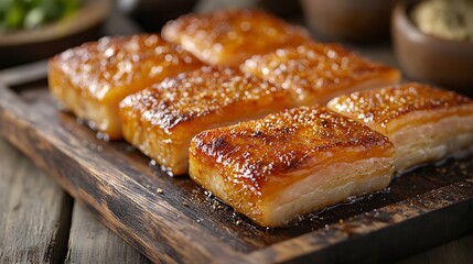 Baked, glazed fish pieces on a wooden board