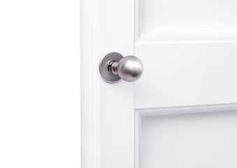 White wooden door with metallic handle isolated on transparent background
