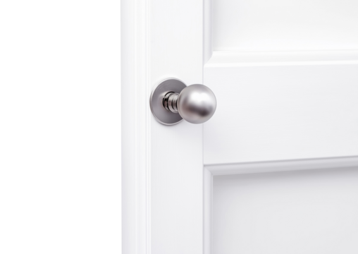 White wooden door with metallic handle isolated on transparent background