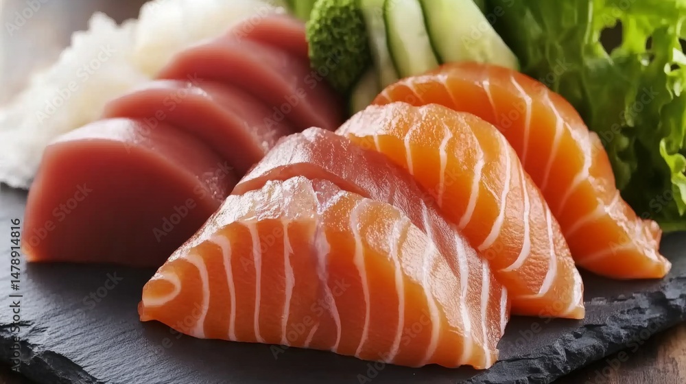 Poster an elegant display of sashimi on a slate board, with different types of fish, wasabi, and thinly sli