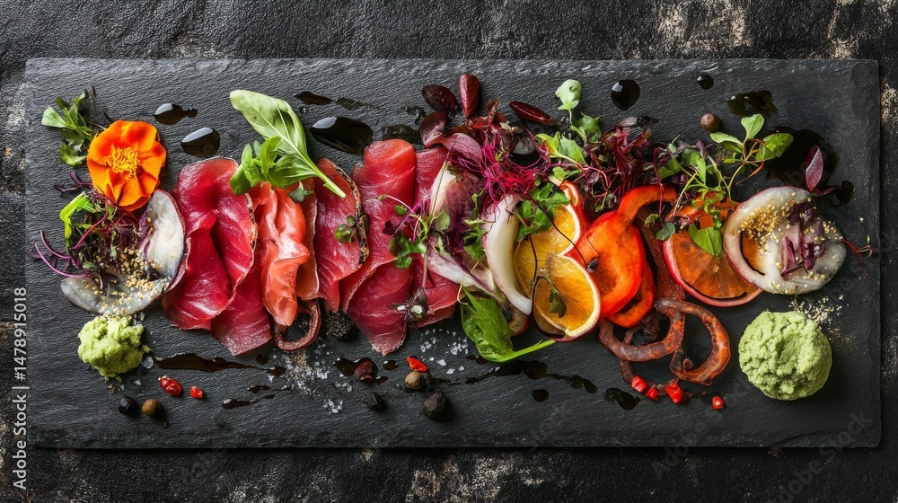 Poster an elegant display of sashimi on a slate board, with different types of fish, wasabi, and thinly sli