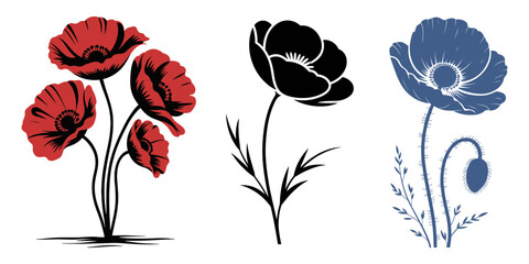 A collection of poppy flowers and leaves that are drawn on a white background, Poppy Flower Silhouette Set, Botanical Floral Vector Poppy Silhouette Collection, Poppy flowers set silhouette color. eps