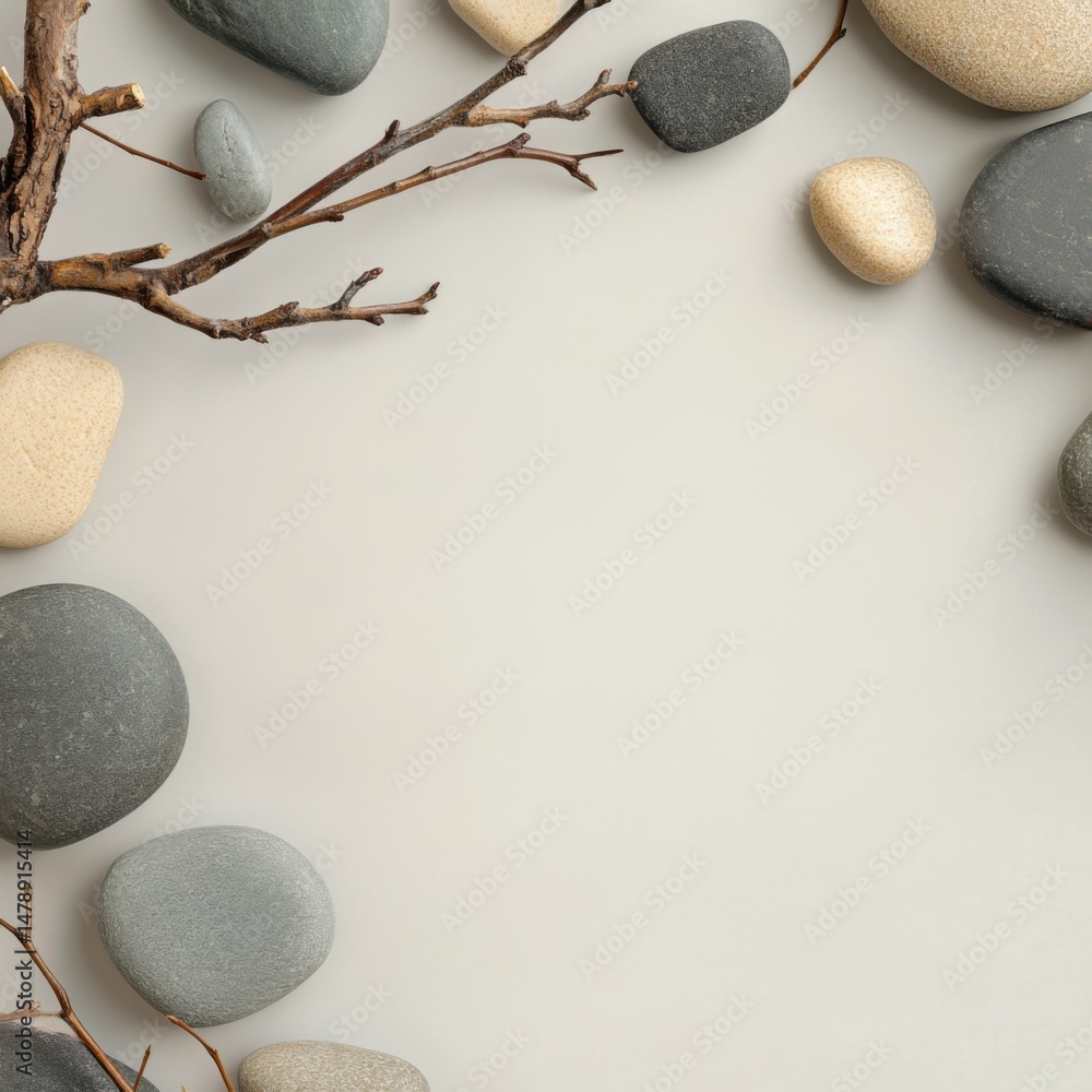 Poster top-down studio shot of smooth stones and a dry branch on a neutral background creating a frame with