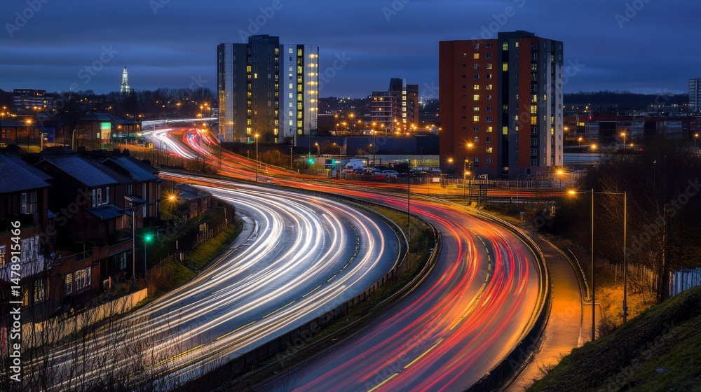 Fototapete An engaging image of light trails from passing cars on a busy highway at night, with bright streaks creating a sense of movement and energy