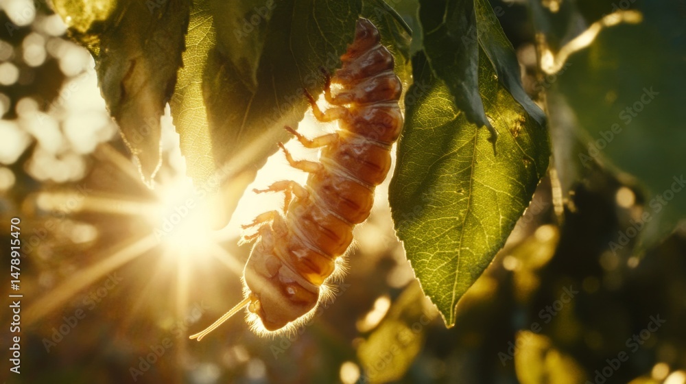 Poster an enchanting shot of a caterpillar hanging upside down from a leaf, preparing for its transformatio