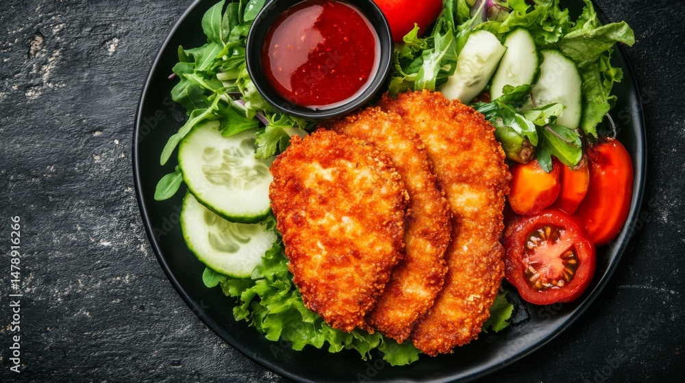 Poster An overhead shot of deep-fried fish fillets arranged neatly on a plate, drizzled with fish sauce and garnished with fresh vegetables for a pop of color