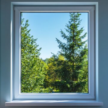 Fototapeta Interior view of a modern window looking out to a lush green forest with tall trees and a clear blue sky peaceful nature scene