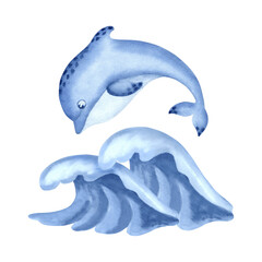 Blue dolphin jumping on sea waves cute character watercolor illustration for baby design. Undersea wild animal isolated. Hand drawn underwater inhabitant of ocean. Marine mammal in kids sketch style.