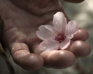 Hand holding pink blossom flower close up