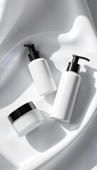 Minimalist white and black cosmetic bottles and cream jar on elegant white fabric, luxury skincare branding mockup, natural daylight shadows, top view flat lay for beauty and self-care product