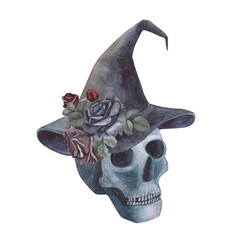 Human Scull in hat with roses gothic magical texture isolated on white background. Watercolor hand drawn esoterics sketch illustration. Art for design mystical halloween witch decoration, scary card
