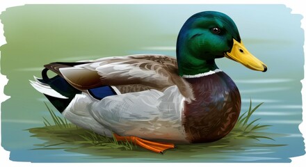 Obraz premium Illustration of mallard duck on grass, in pond.