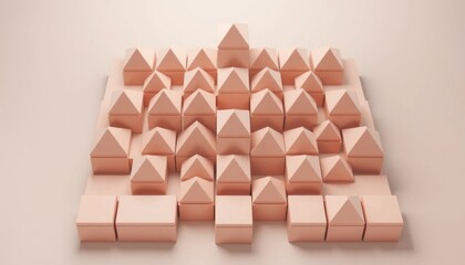 Abstract arrangement of minimalistic pink house-like structures in a patterned layout evoking urban development concepts