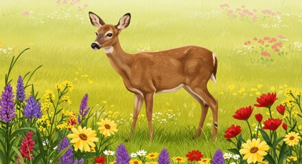 Deer standing in a field of wildflowers