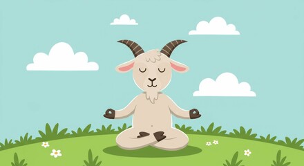 Cute goat in meditation pose on green grass
