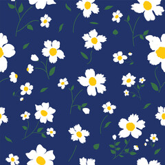 Seamless floral pattern with white flowers on deep blue background. perfect for fabric design, wallpapers, surface prints and gift wrap.