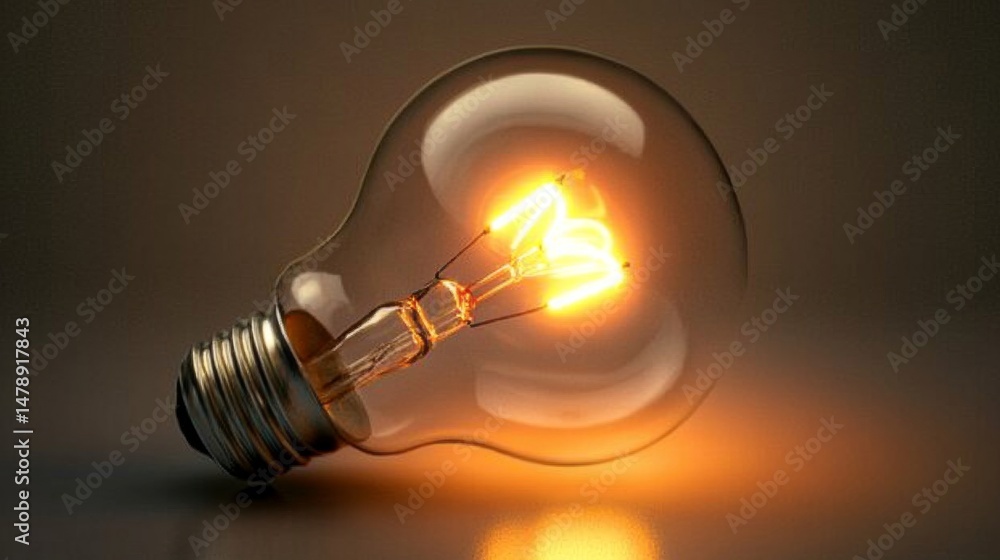 Poster a close-up of a light bulb glowing softly in a dim room, with the filament clearly visible and the w
