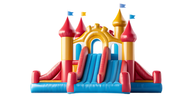 Vibrant bounce house with slides and castle turrets against white background. Concept Outdoor Activities, Bounce Houses, Playful Photoshoot, Colorful Backgrounds, Kids Fun