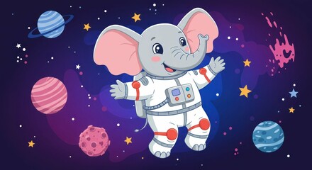 Cute cartoon elephant astronaut in space