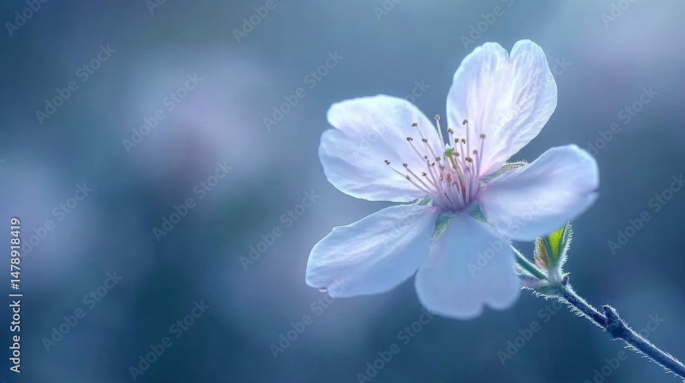 Poster a close-up of a single cherry blossom flower with intricate details, showcasing its soft pink hue an