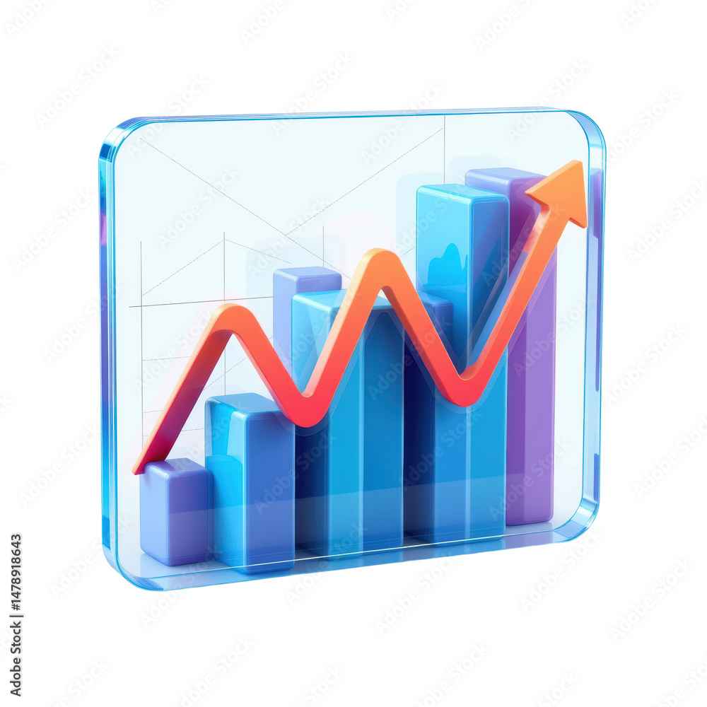 Aufkleber a 3d bar chart with an upward trending red line graph.