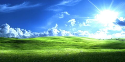 Obraz premium Sunny green landscape with rolling hills and bright blue sky