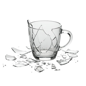 A glass mug is broken into many pieces and shards scattered around the cup on a black background