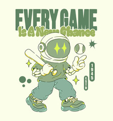 Retro Urban Vibes Illustration. Cool Astronaut Baseball Player and Street Pop Graphics for Apparel, Posters, and Print