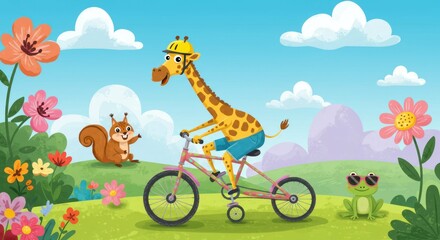 Obraz premium Giraffe on bike, squirrel and frog in a sunny field.