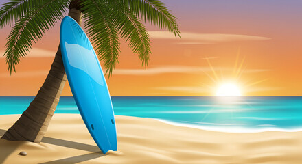 Vibrant Sunset Beach Scene with Surfing Board