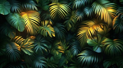 Lush Tropical Jungle Leaves Golden Sunlight Green
