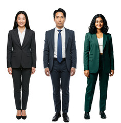 Three diverse adult professionals, an East Asian woman, an East Asian man, and a South Asian woman, stand confidently in business suits against a transparent background.