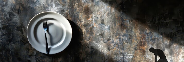 Awareness and support on world eating disorders day conceptual art. Empty plate and fork. Mental disorder, anorexia, bulimia. Mental health problem. World Hunger Day. Copy space. Horizontal banner
